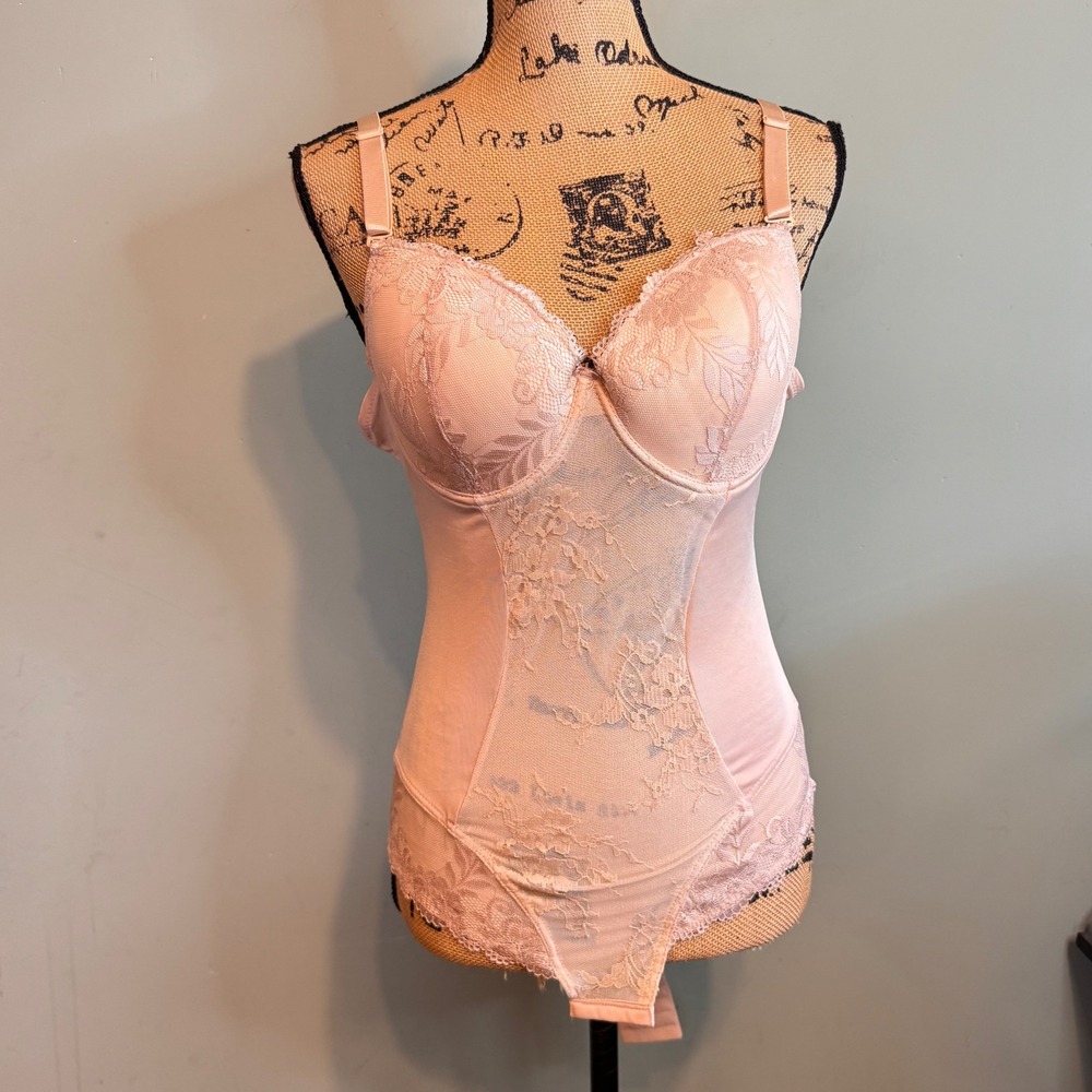 Heavenly Shapewear Lace Trim Bodysuit Pink 1X 4595